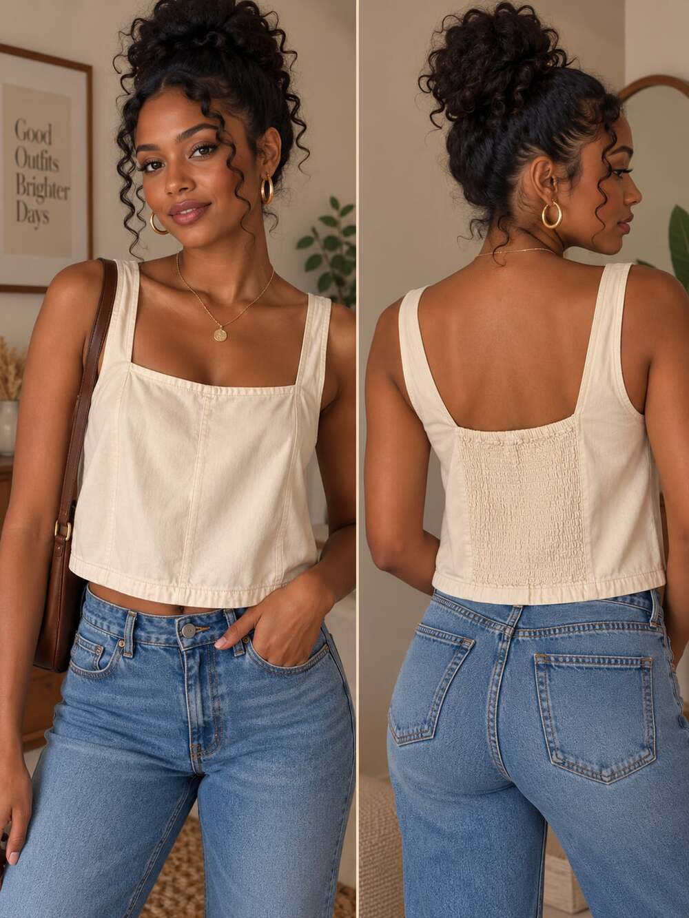 Habitual Cream Cotton Cropped Tank Top with Smocked Back medium